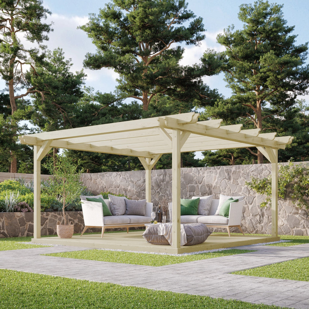 Freestanding Double Garden Pergola with Decking - Light Green - 2.4m Width x 2.4m Length