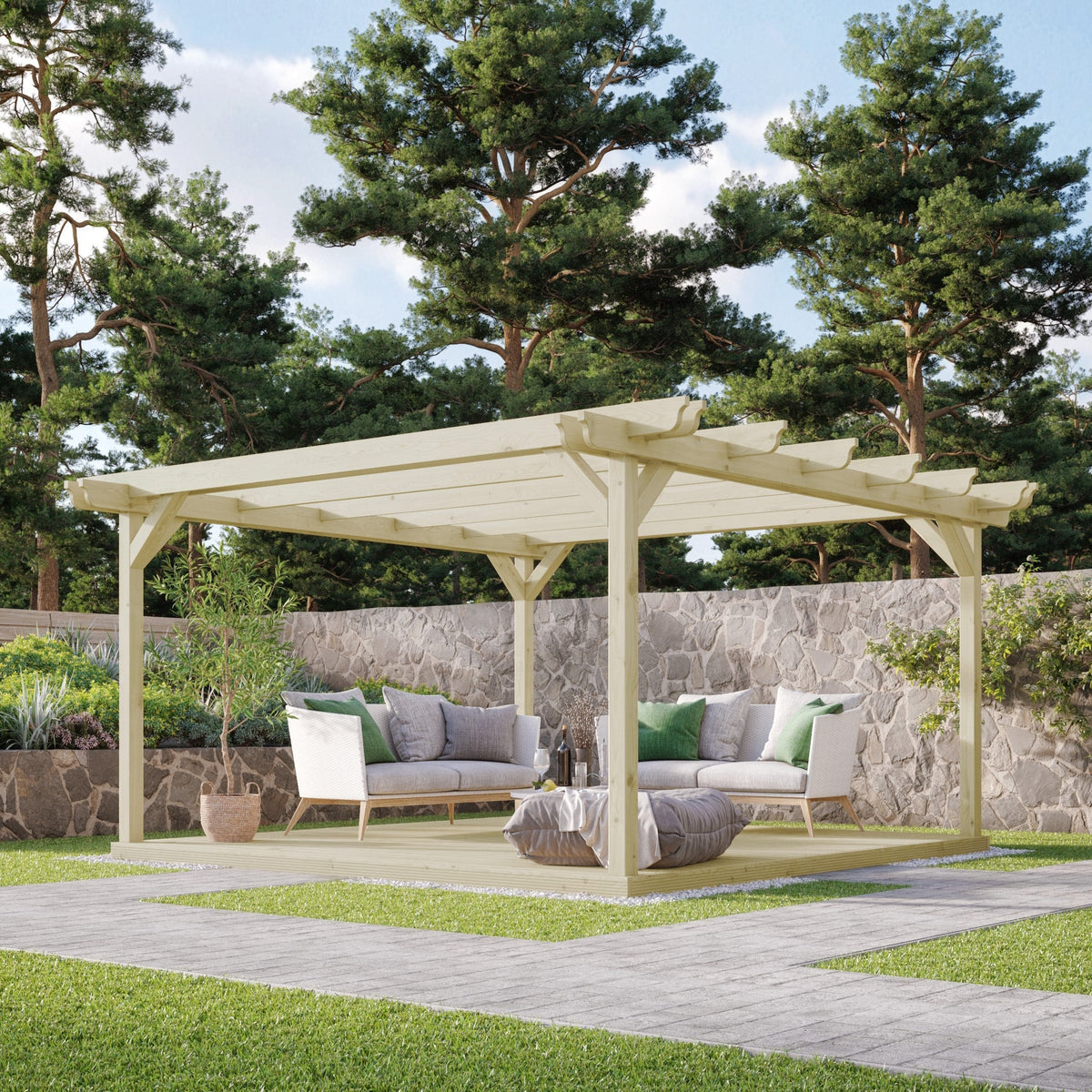 Freestanding Double Garden Pergola with Decking - Light Green - 4.2m Width x 4.2m Length