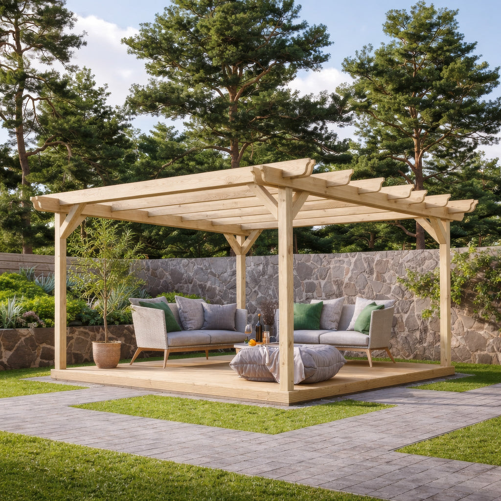 Freestanding Double Garden Pergola with Decking - Light Green - 3m Width x 3m Length
