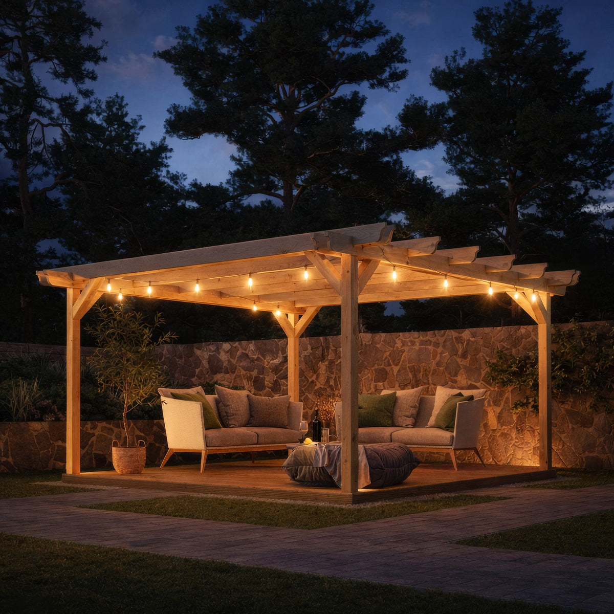 Freestanding Double Garden Pergola with Decking - Light Green - 4.2m Width x 4.2m Length
