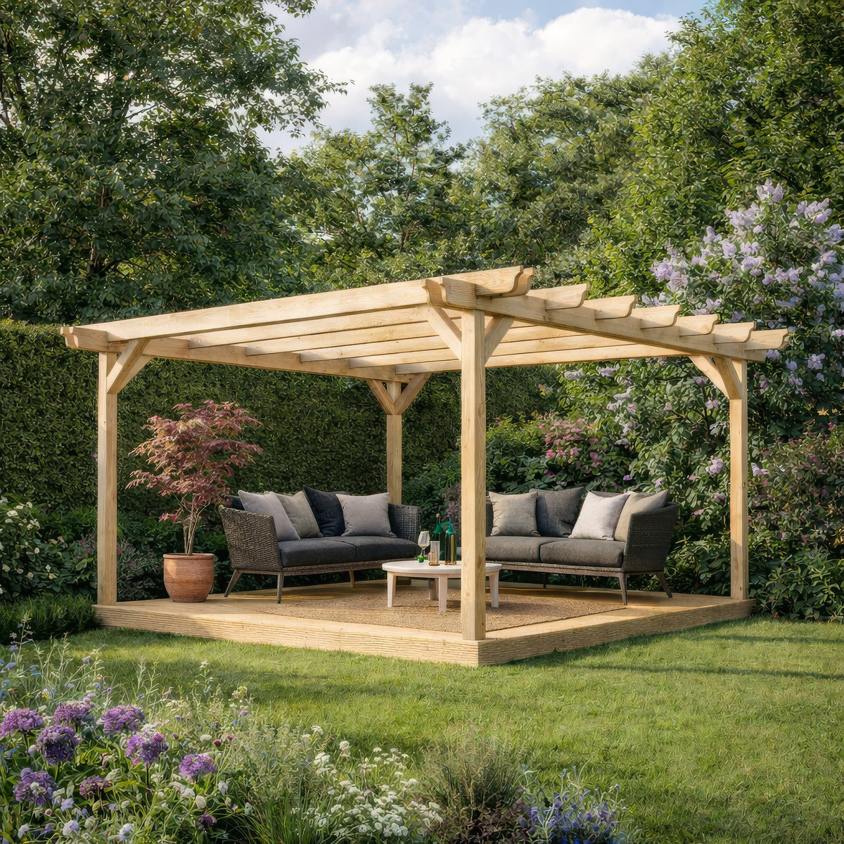 Freestanding Double Garden Pergola with Decking - Light Green - 2.4m Width x 2.4m Length
