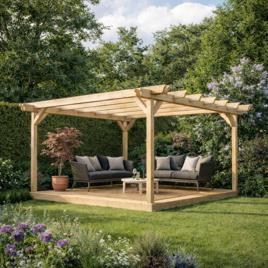 Freestanding Double Garden Pergola with Decking - Light Green - 3.6m Width x 3.6m Length