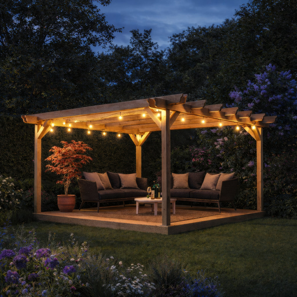 Freestanding Double Garden Pergola with Decking - Light Green - 4.8m Width x 4.8m Length