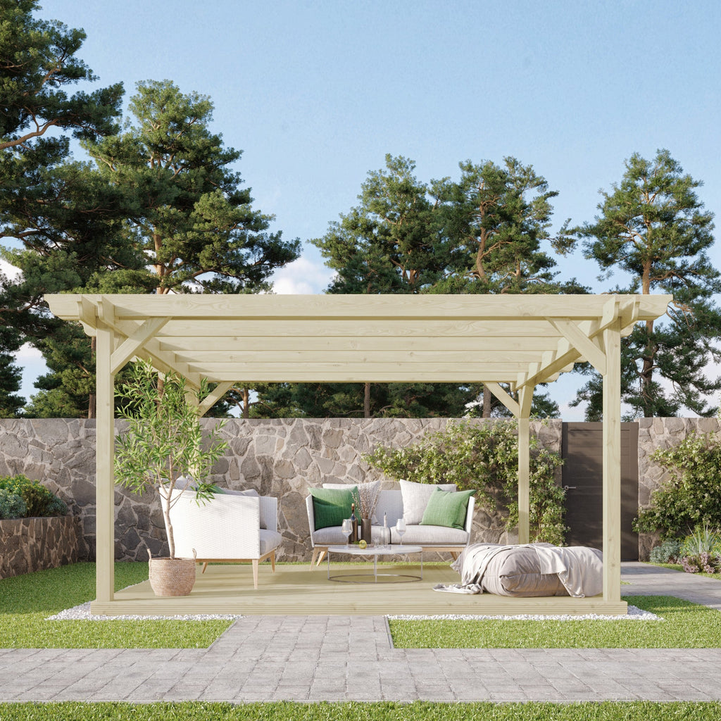 Freestanding Double Garden Pergola with Decking - Light Green - 4.2m Width x 4.2m Length