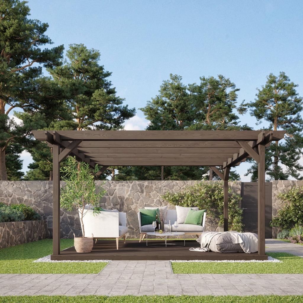 Freestanding Double Garden Pergola with Decking - Rustic Brown - 4.8m Width x 4.8m Length