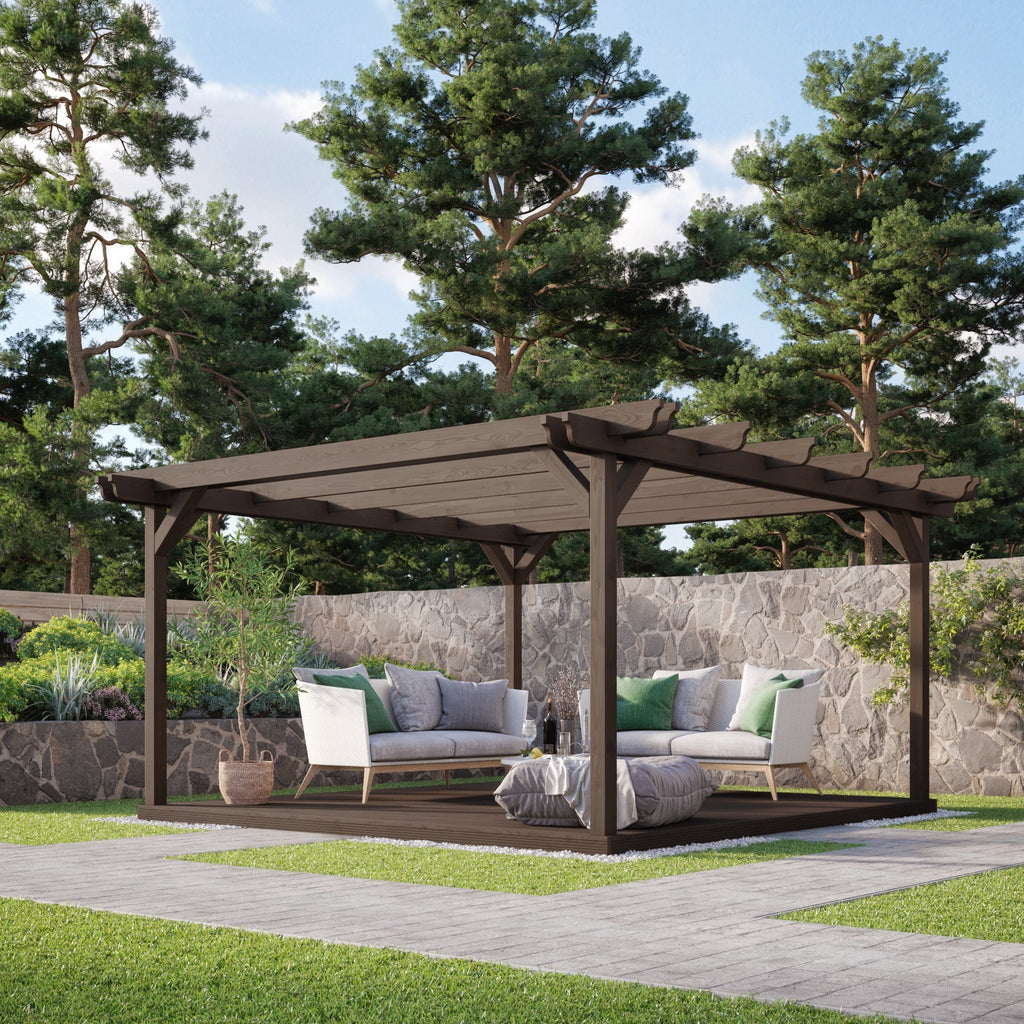 Freestanding Double Garden Pergola with Decking - Rustic Brown - 4.8m Width x 4.8m Length