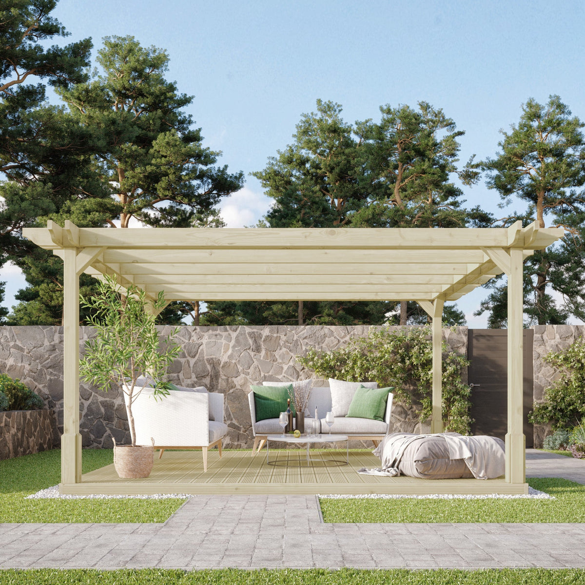 Freestanding Double Premium Pergola with Decking - Light Green - 2.4m Width x 2.4m Length