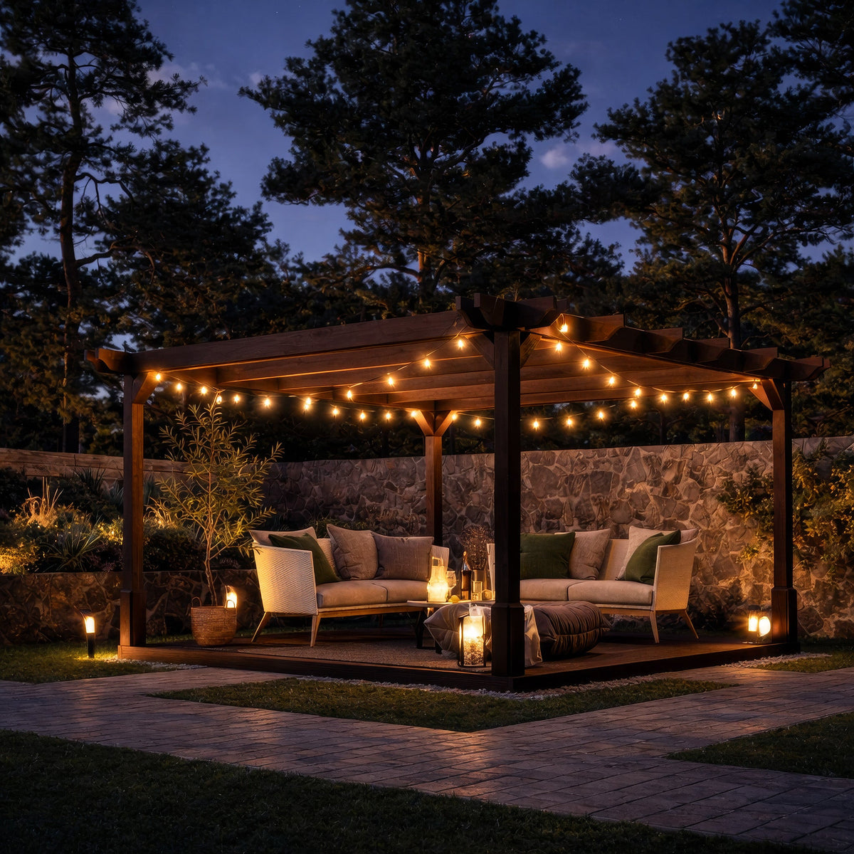 Freestanding Double Premium Pergola with Decking - Rustic Brown - 4.2m Width x 4.2m Length