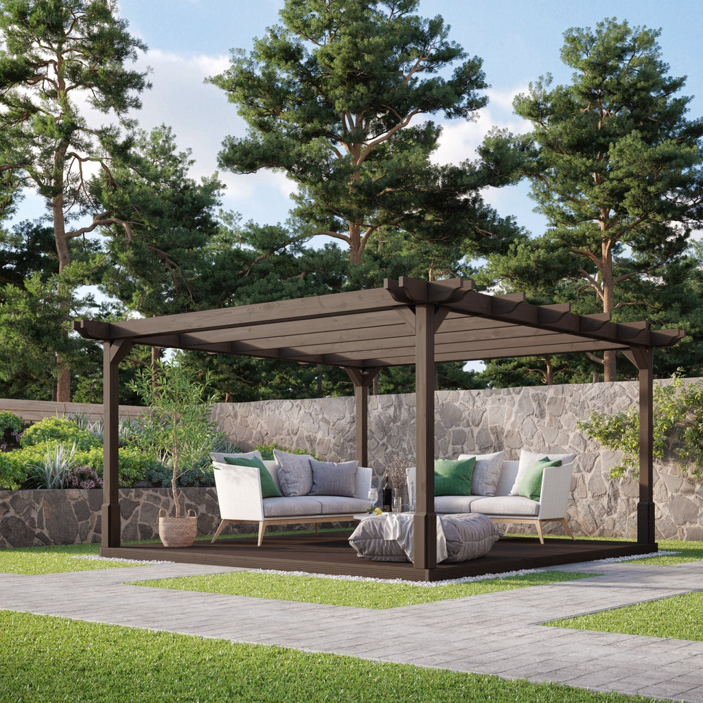 Freestanding Double Premium Pergola with Decking - Rustic Brown - 4.2m Width x 4.2m Length