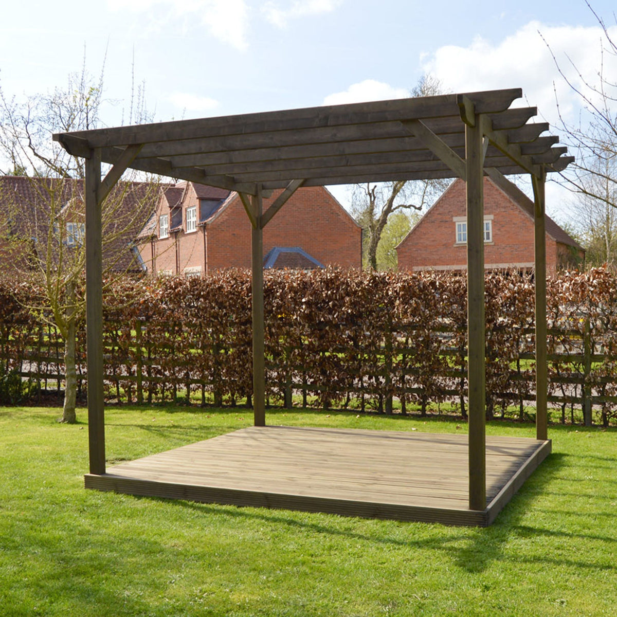 Freestanding Garden Pergola with Decking - Rustic Brown - 4.8m Width x 4.8m Length