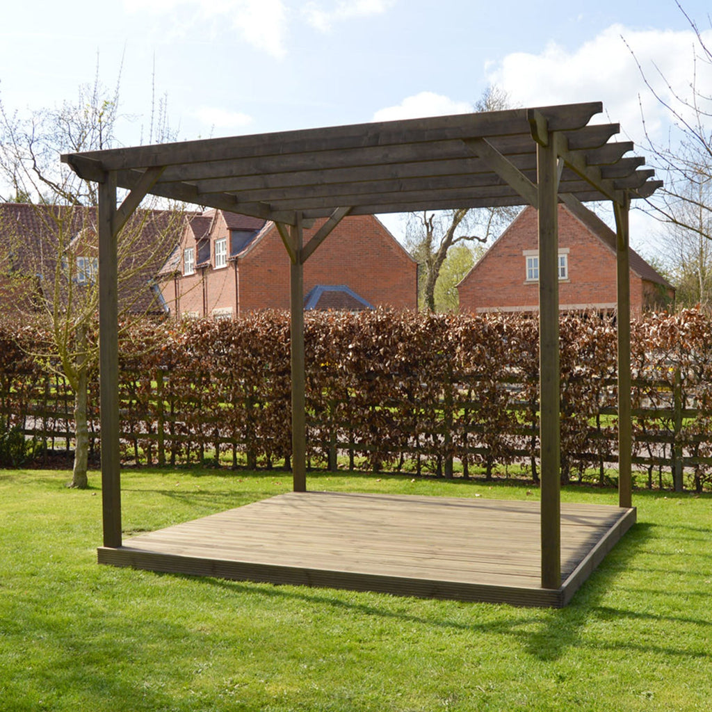 Freestanding Garden Pergola with Decking - Rustic Brown - 3m Width x 3m Length