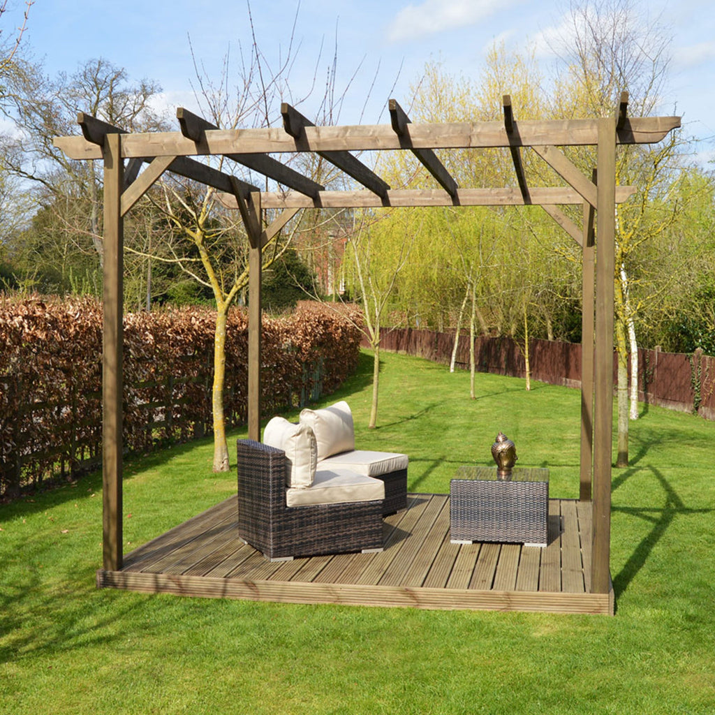 Freestanding Garden Pergola with Decking - Rustic Brown - 2.4m Width x 2.4m Length