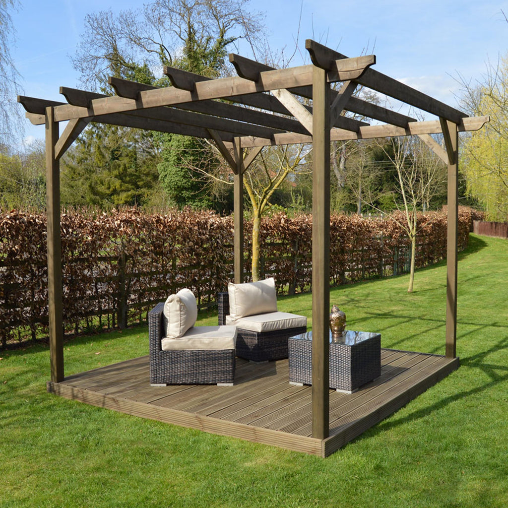 Freestanding Garden Pergola with Decking - Rustic Brown - 4.8m Width x 4.8m Length