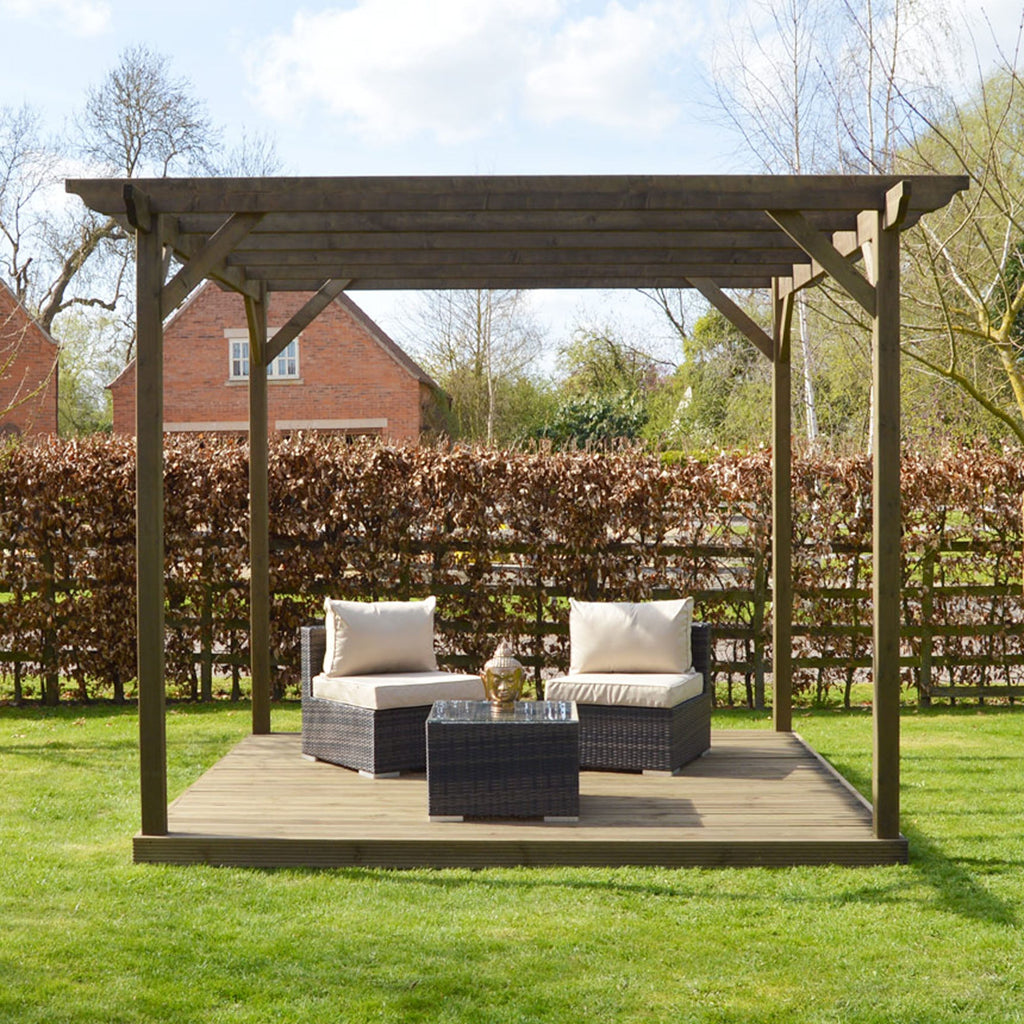 Freestanding Garden Pergola with Decking - Rustic Brown - 4.8m Width x 4.8m Length