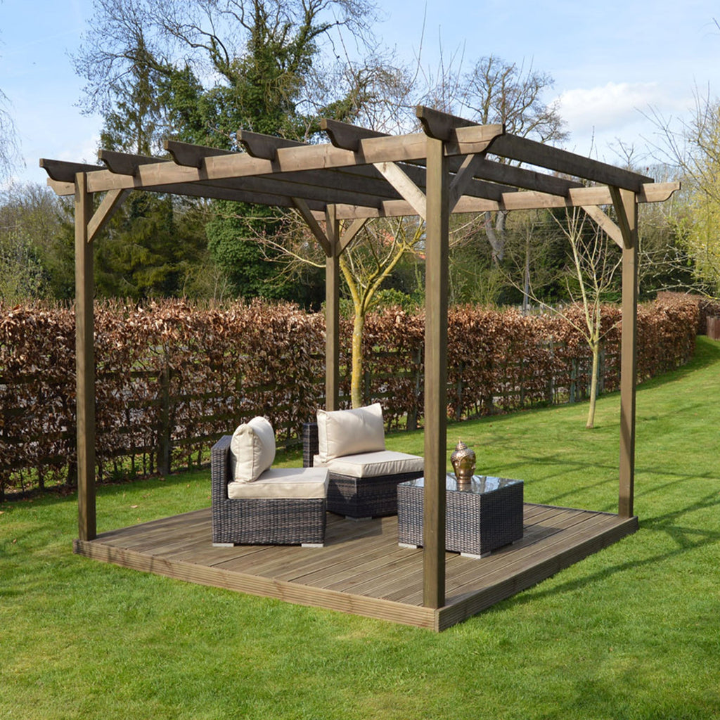 Freestanding Garden Pergola with Decking - Rustic Brown - 3m Width x 3m Length