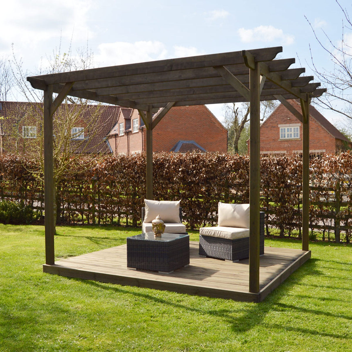 Freestanding Garden Pergola with Decking - Rustic Brown - 3.6m Width x 3.6m Length