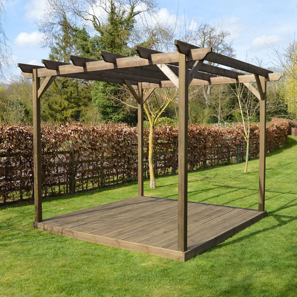 Freestanding Garden Pergola with Decking - Rustic Brown - 3m Width x 3m Length