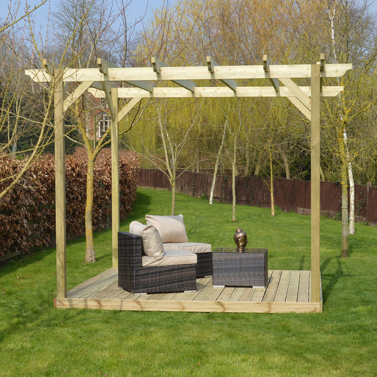 Freestanding Garden Pergola with Decking - Light Green - 3m Width x 3m Length