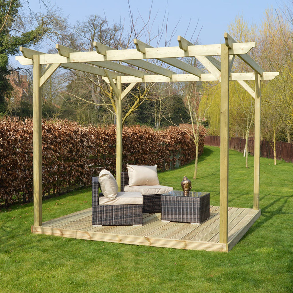Freestanding Garden Pergola with Decking - Light Green - 4.2m Width x 4.2m Length