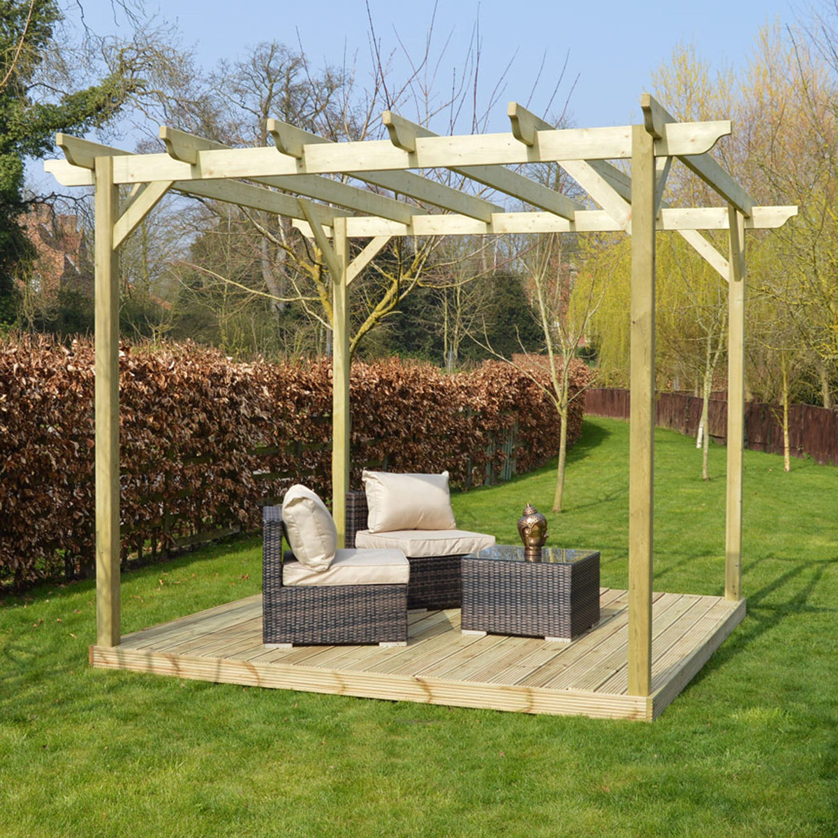 Freestanding Garden Pergola with Decking - Light Green - 2.4m Width x 2.4m Length