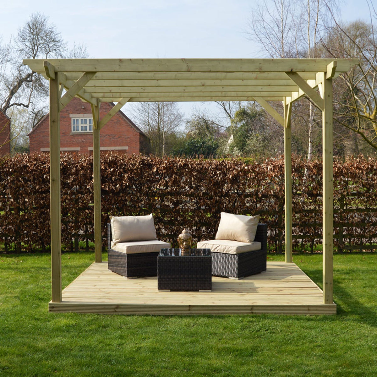 Freestanding Garden Pergola with Decking - Light Green - 4.8m Width x 4.8m Length