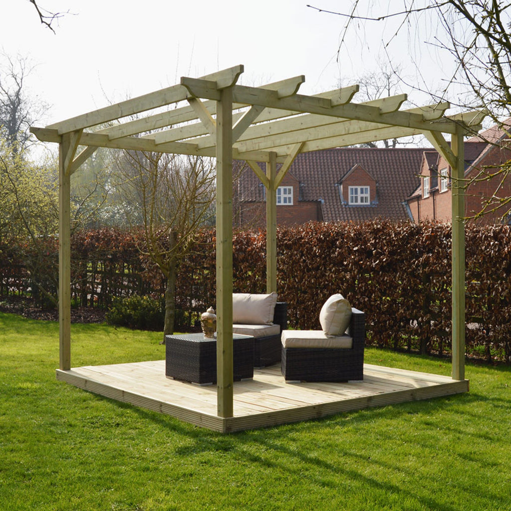 Freestanding Garden Pergola with Decking - Light Green - 4.8m Width x 4.8m Length
