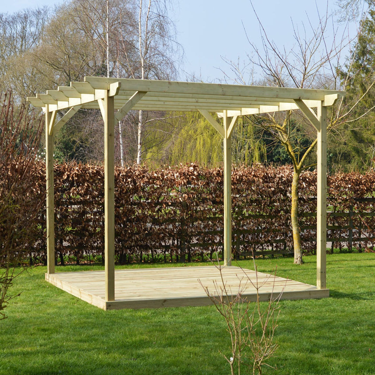 Freestanding Garden Pergola with Decking - Light Green - 4.8m Width x 4.8m Length