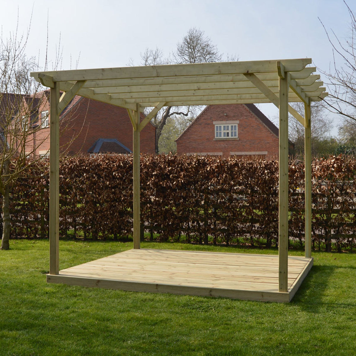 Freestanding Garden Pergola with Decking - Light Green - 4.2m Width x 4.2m Length