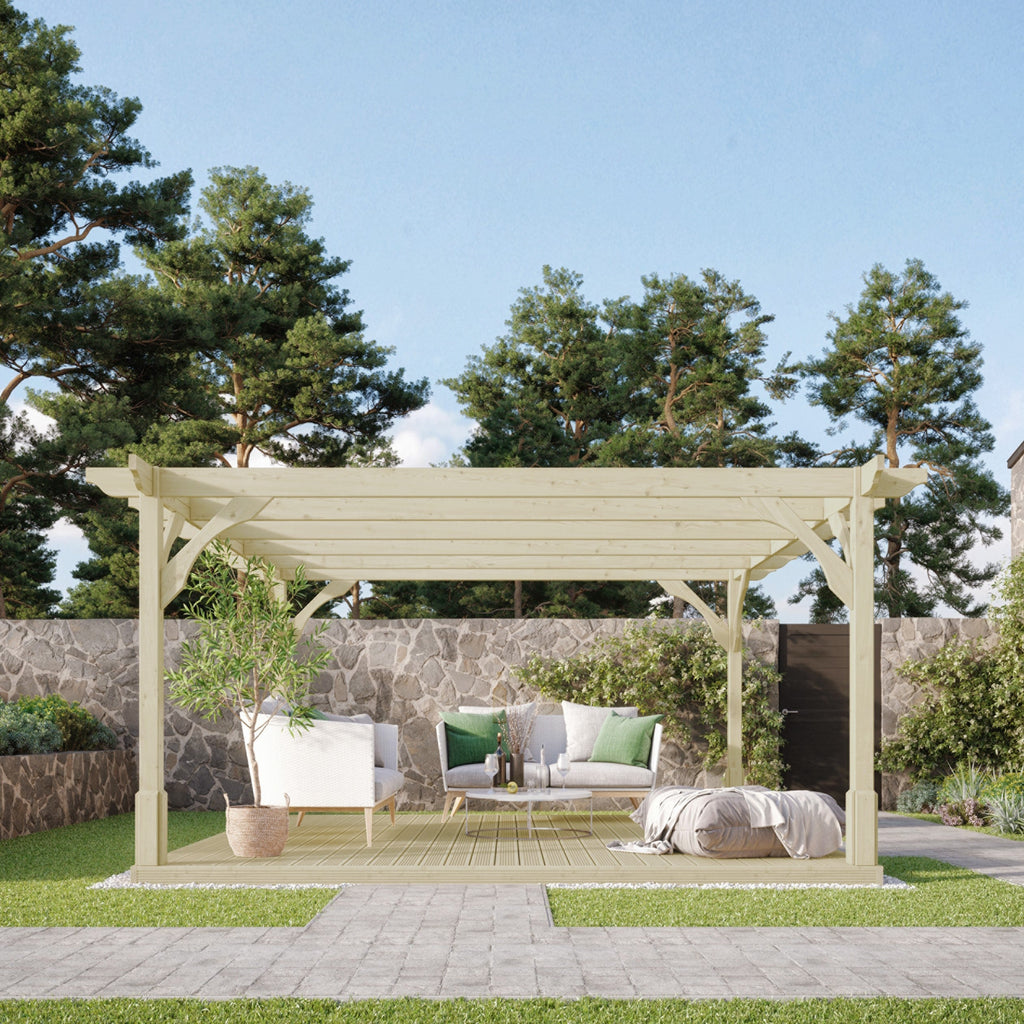 Freestanding Premium Pergola with Decking - Light Green - 3.6m Width x 3.6m Length