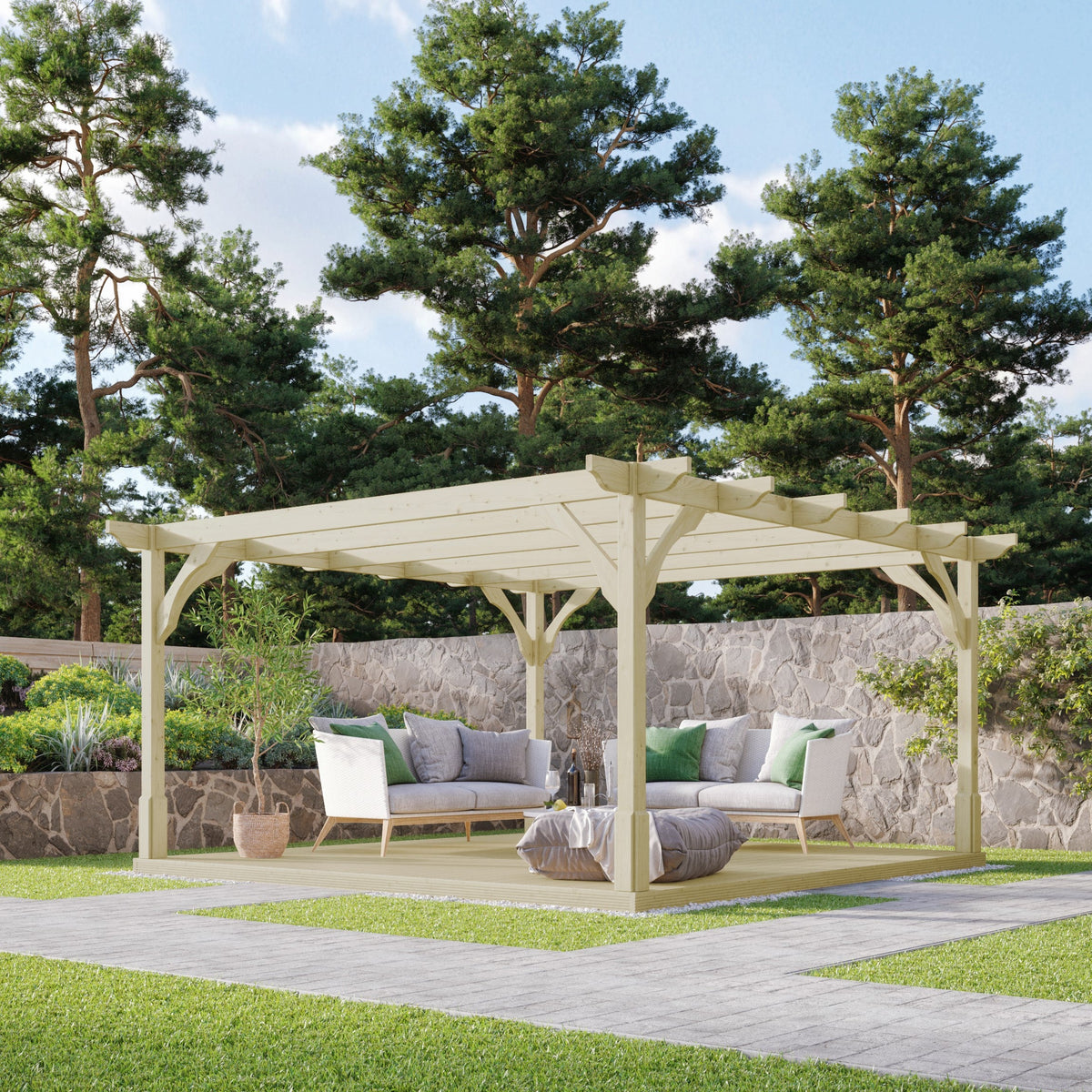 Freestanding Premium Pergola with Decking - Light Green - 4.2m Width x 4.2m Length