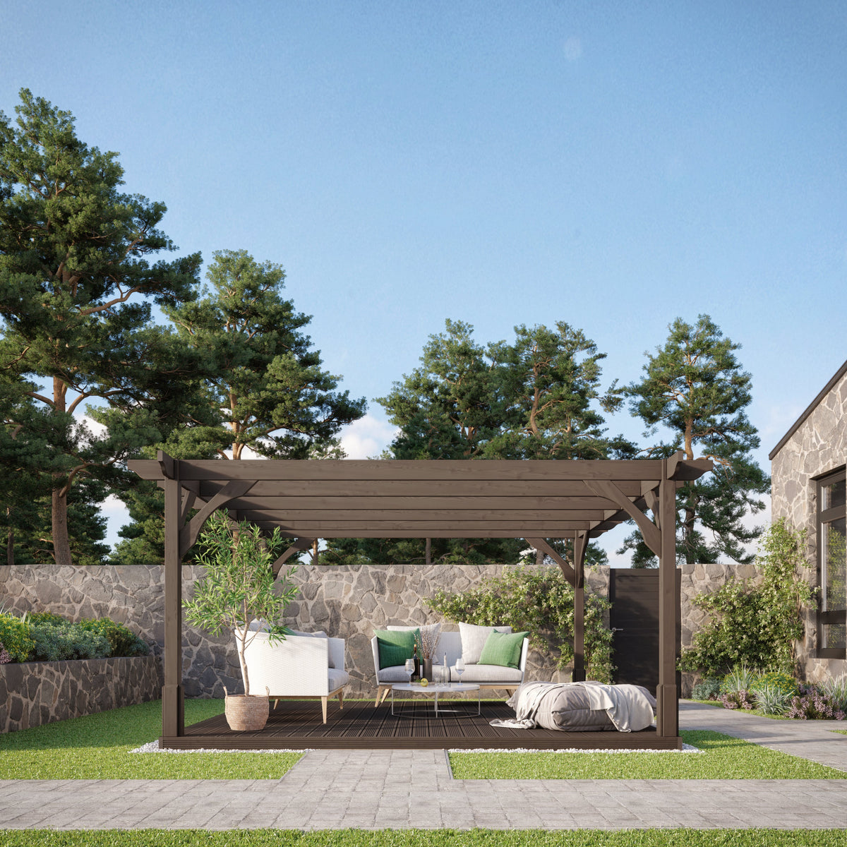 Freestanding Premium Pergola with Decking - Rustic Brown - 2.4m Width x 2.4m Length