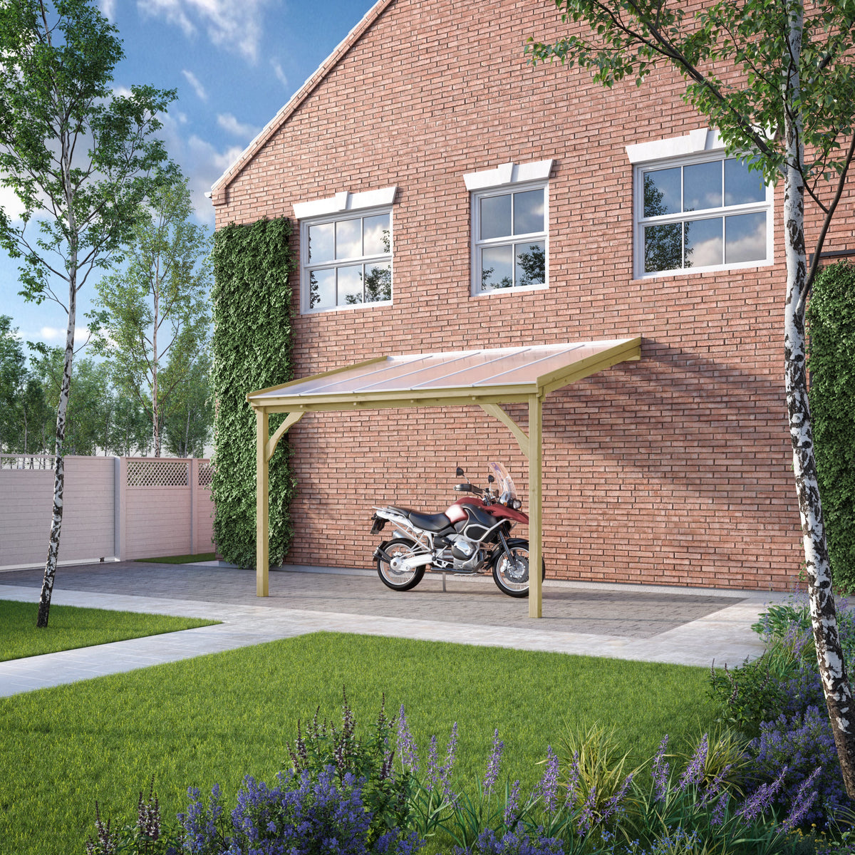 Wall Mounted Polycarbonate Roof Carport - Light Green - 4.5m Depth x 4.34m Width