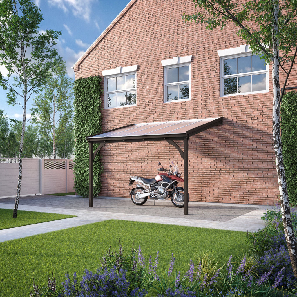 Wall Mounted Polycarbonate Roof Carport - Rustic Brown - 4.5m Depth x 2.9m Width