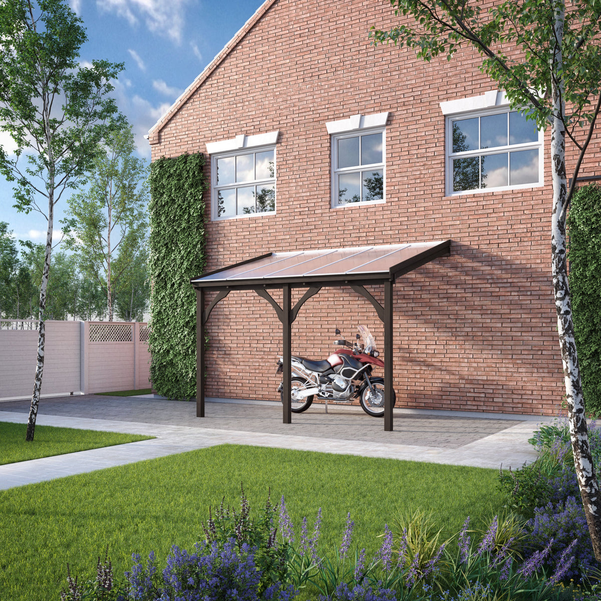 Wall Mounted Polycarbonate Roof Carport - Rustic Brown - 4m Depth x 5.78m Width