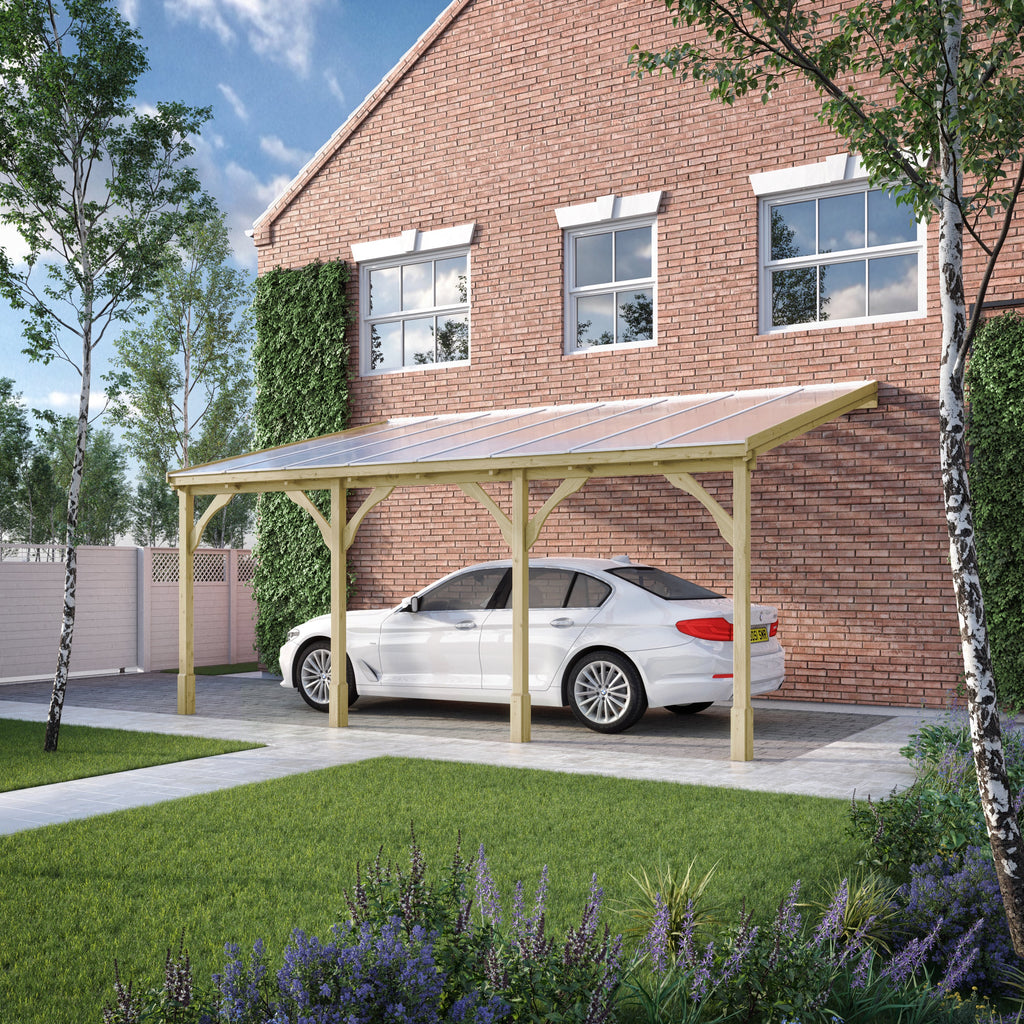 Wall Mounted Polycarbonate Roof Carport - Light Green - 4.5m Depth x 6.5m Width