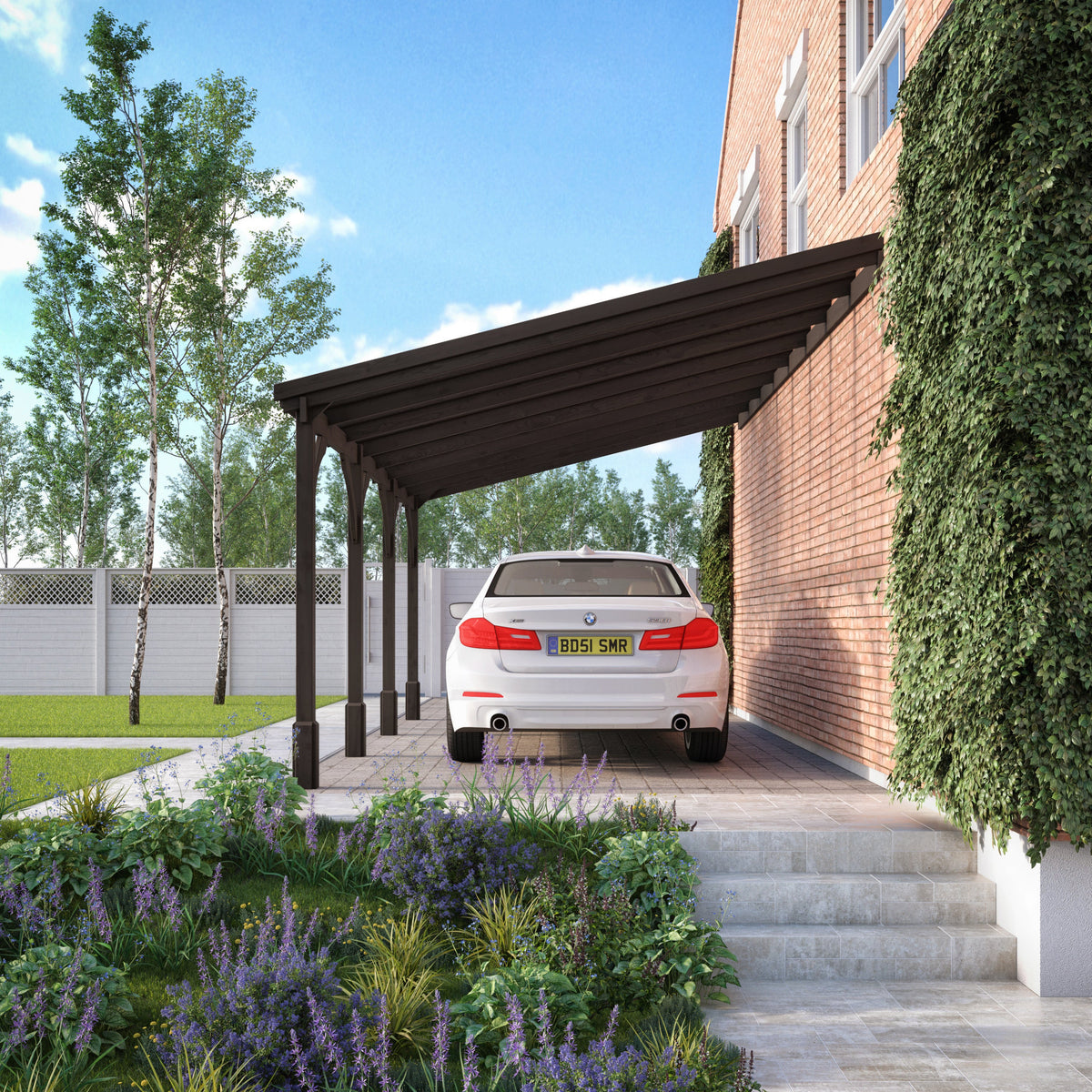 Wall Mounted Polycarbonate Roof Carport - Rustic Brown - 4m Depth x 6.5m Width