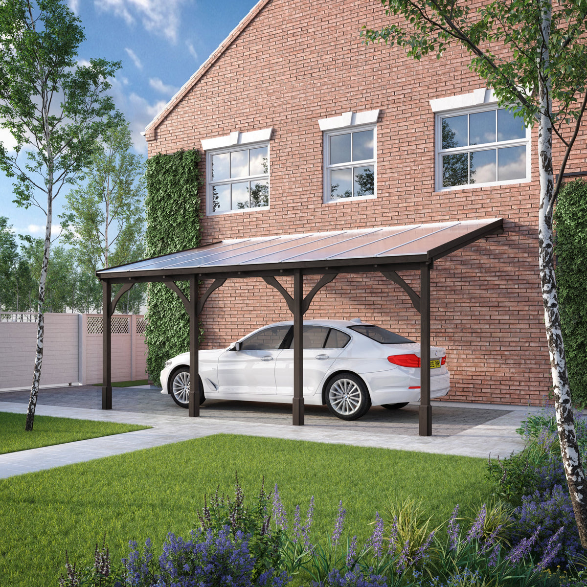 Wall Mounted Polycarbonate Roof Carport - Rustic Brown - 4m Depth x 6.5m Width
