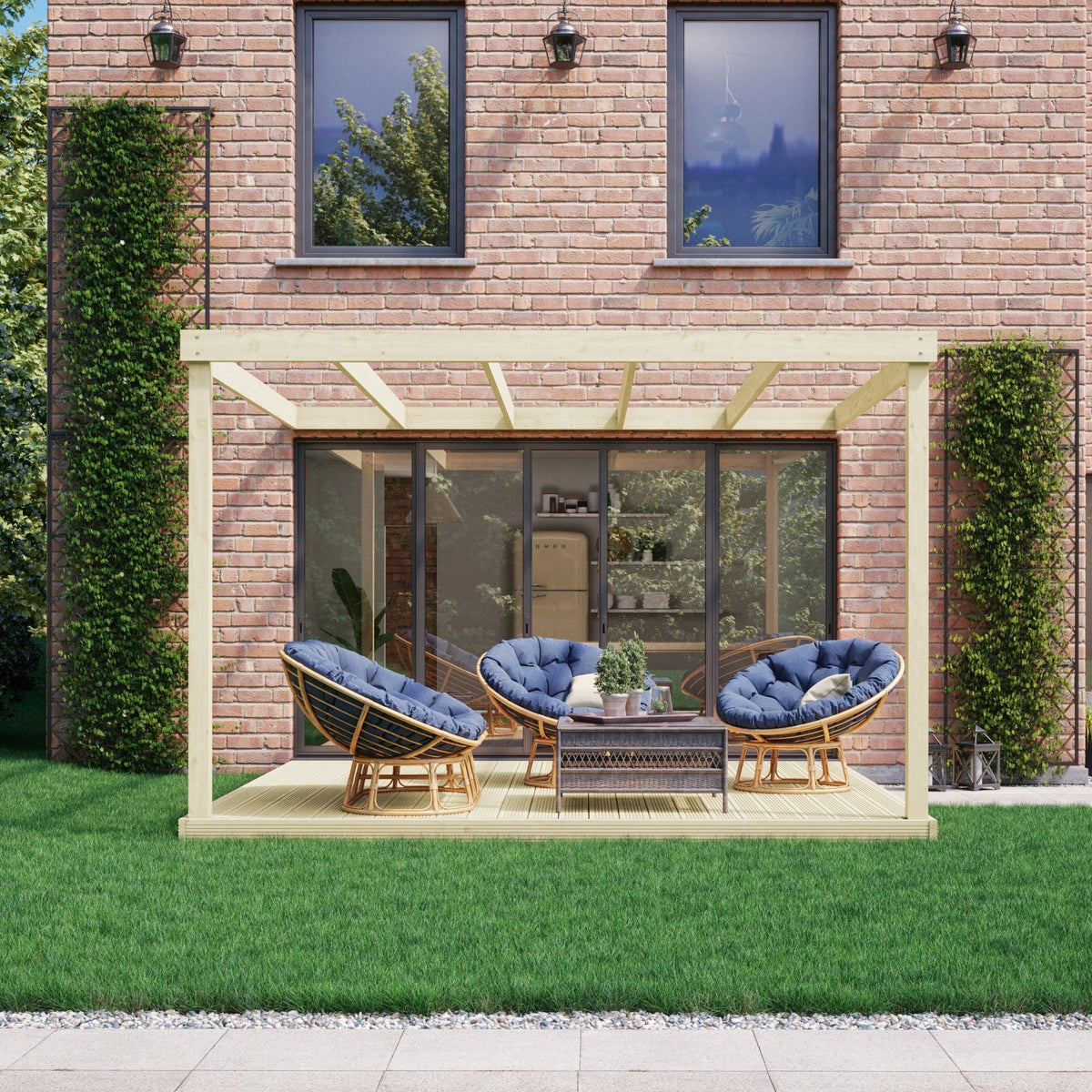 Wall Mounted Box Pergola with Decking - Light Green - 2.4m Depth x 2.4m Length