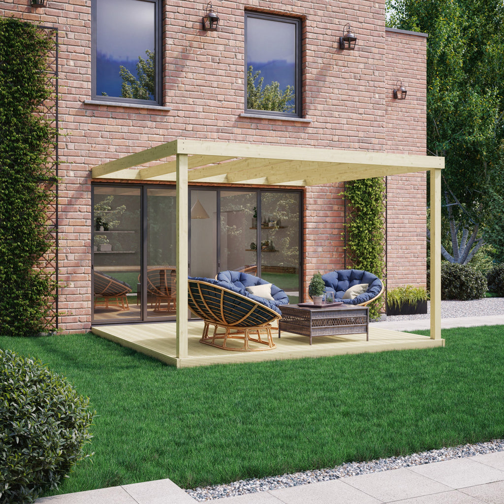 Wall Mounted Box Pergola with Decking - Light Green - 3m Depth x 3m Length