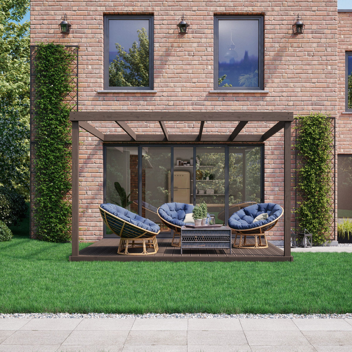 Wall Mounted Box Pergola with Decking - Rustic Brown - 4.8m Depth x 4.8m Length