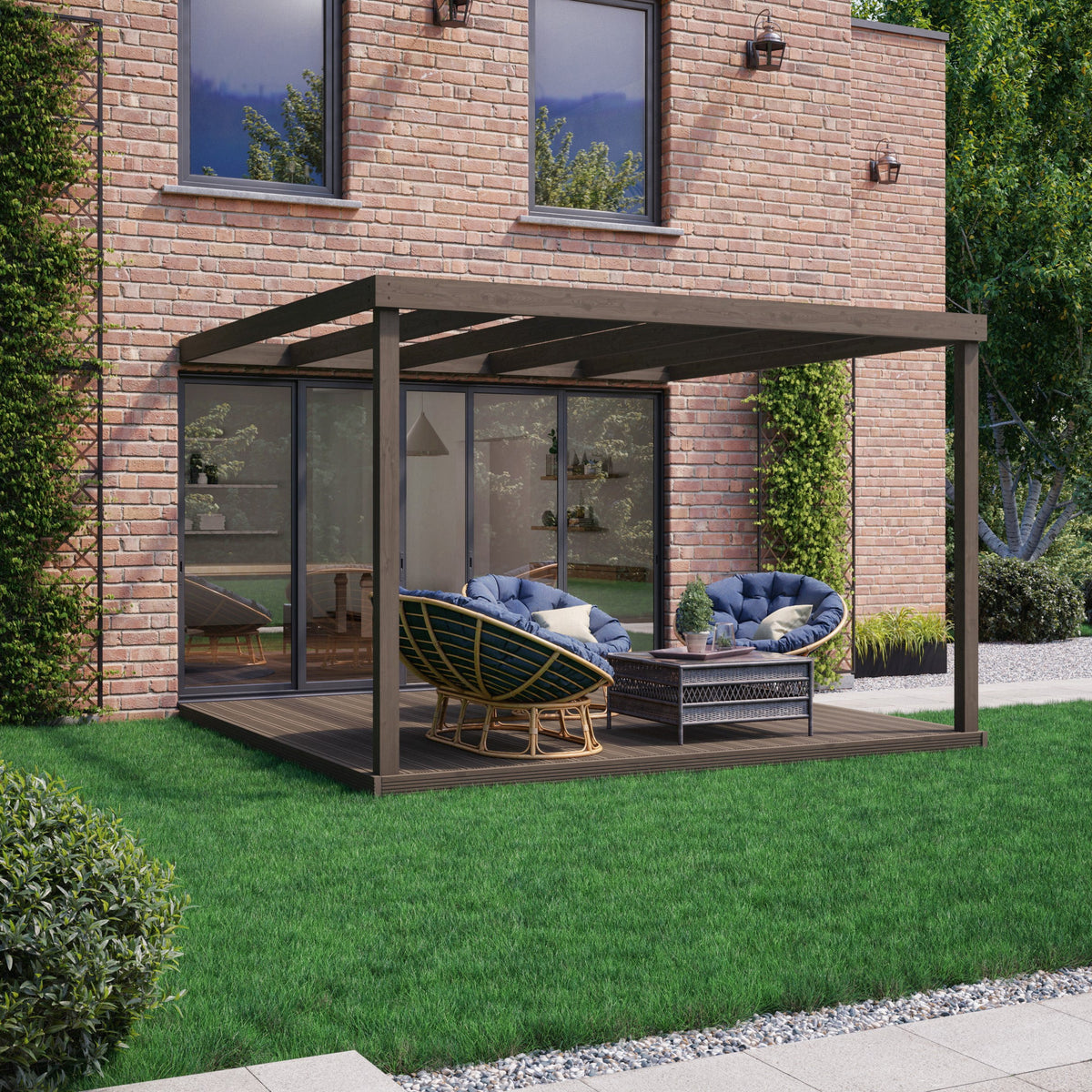 Wall Mounted Box Pergola with Decking - Rustic Brown - 3.6m Depth x 3.6m Length