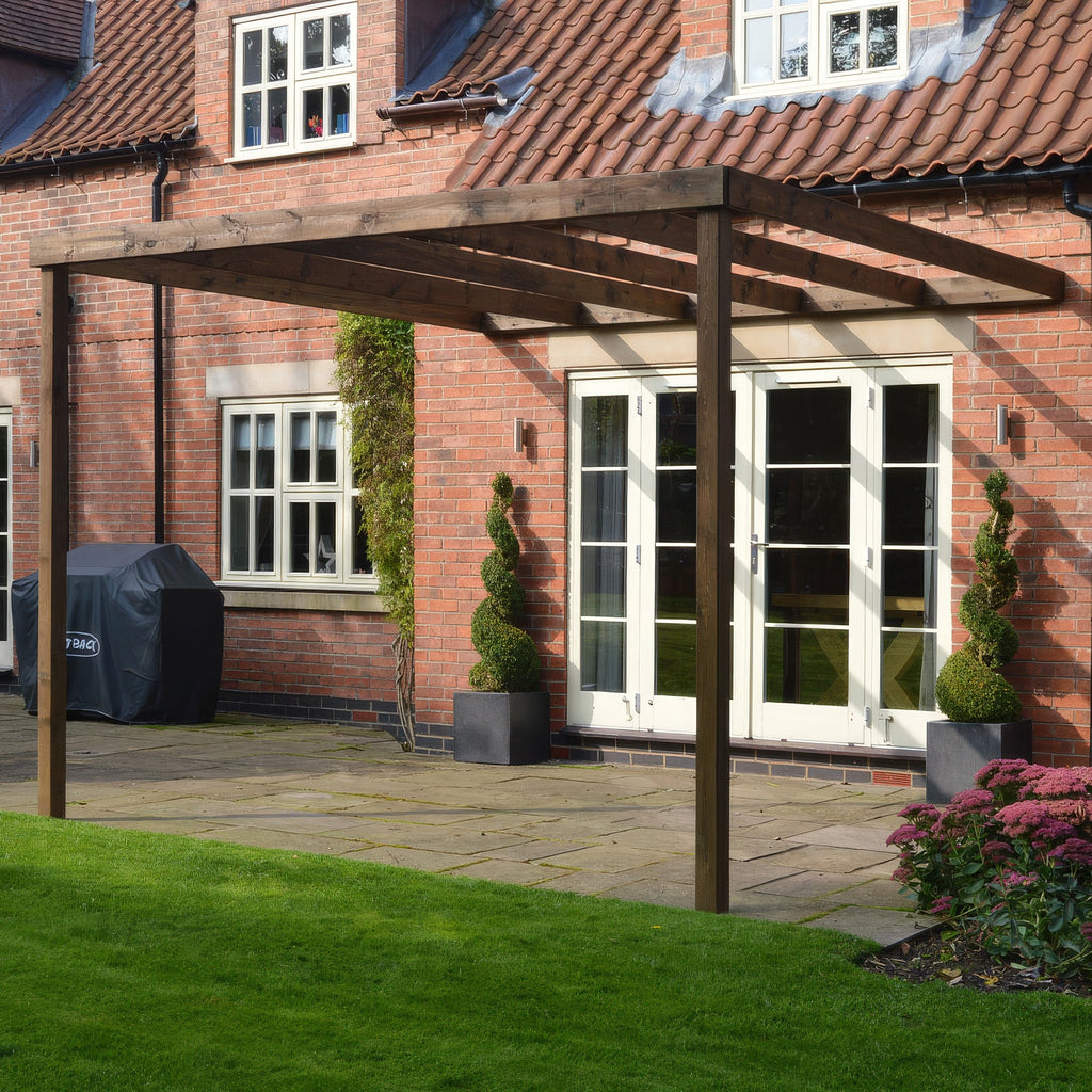 Wall Mounted Box Pergola - Rustic Brown - 3.6m Depth x 6m Length