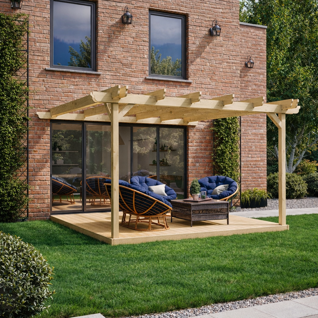 Wall Mounted Double Garden Pergola with Decking - Light Green - 4.2m Depth x 4.2m Length