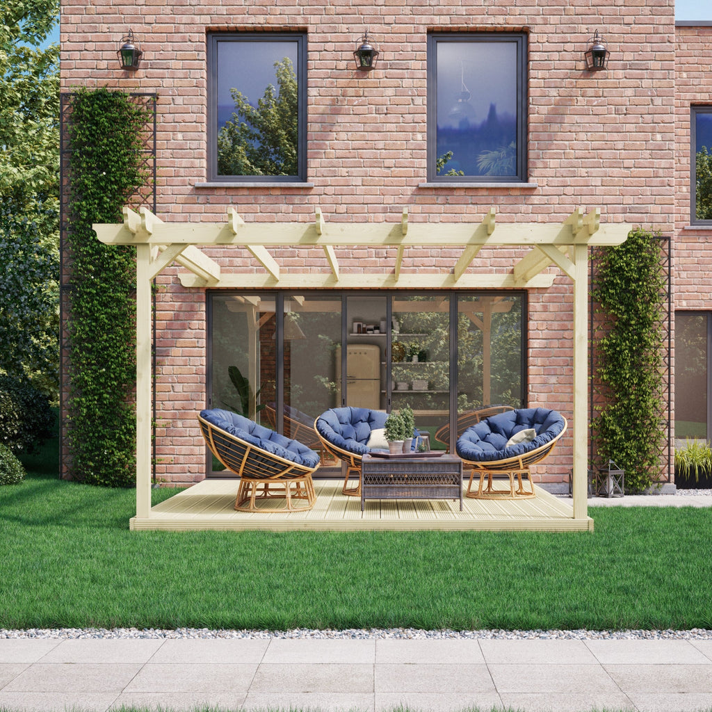 Wall Mounted Double Garden Pergola with Decking - Light Green - 4.8m Depth x 4.8m Length