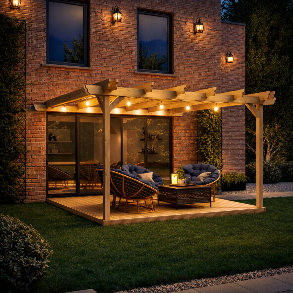Wall Mounted Double Garden Pergola with Decking - Light Green - 4.8m Depth x 4.8m Length