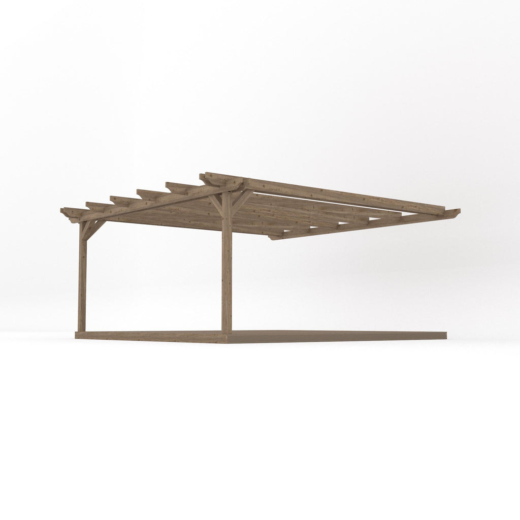 Wall Mounted Double Garden Pergola with Decking - Rustic Brown - 4.8m Depth x 4.8m Length
