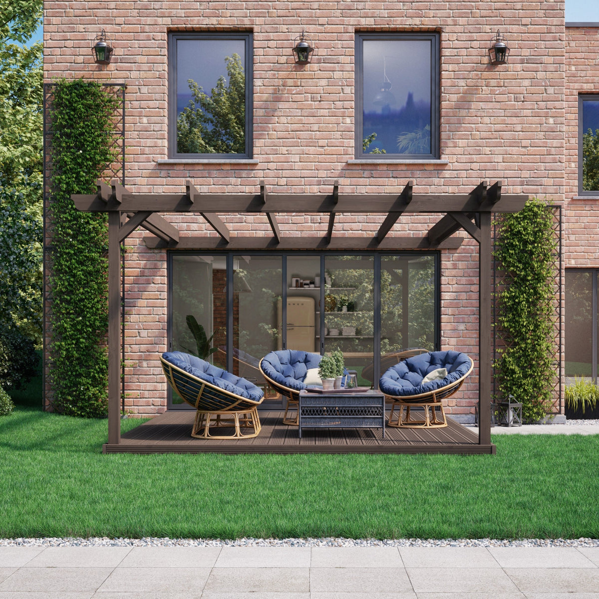 Wall Mounted Double Garden Pergola with Decking - Rustic Brown - 4.8m Depth x 4.8m Length