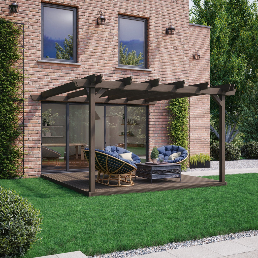 Wall Mounted Double Garden Pergola with Decking - Rustic Brown - 2.4m Depth x 2.4m Length