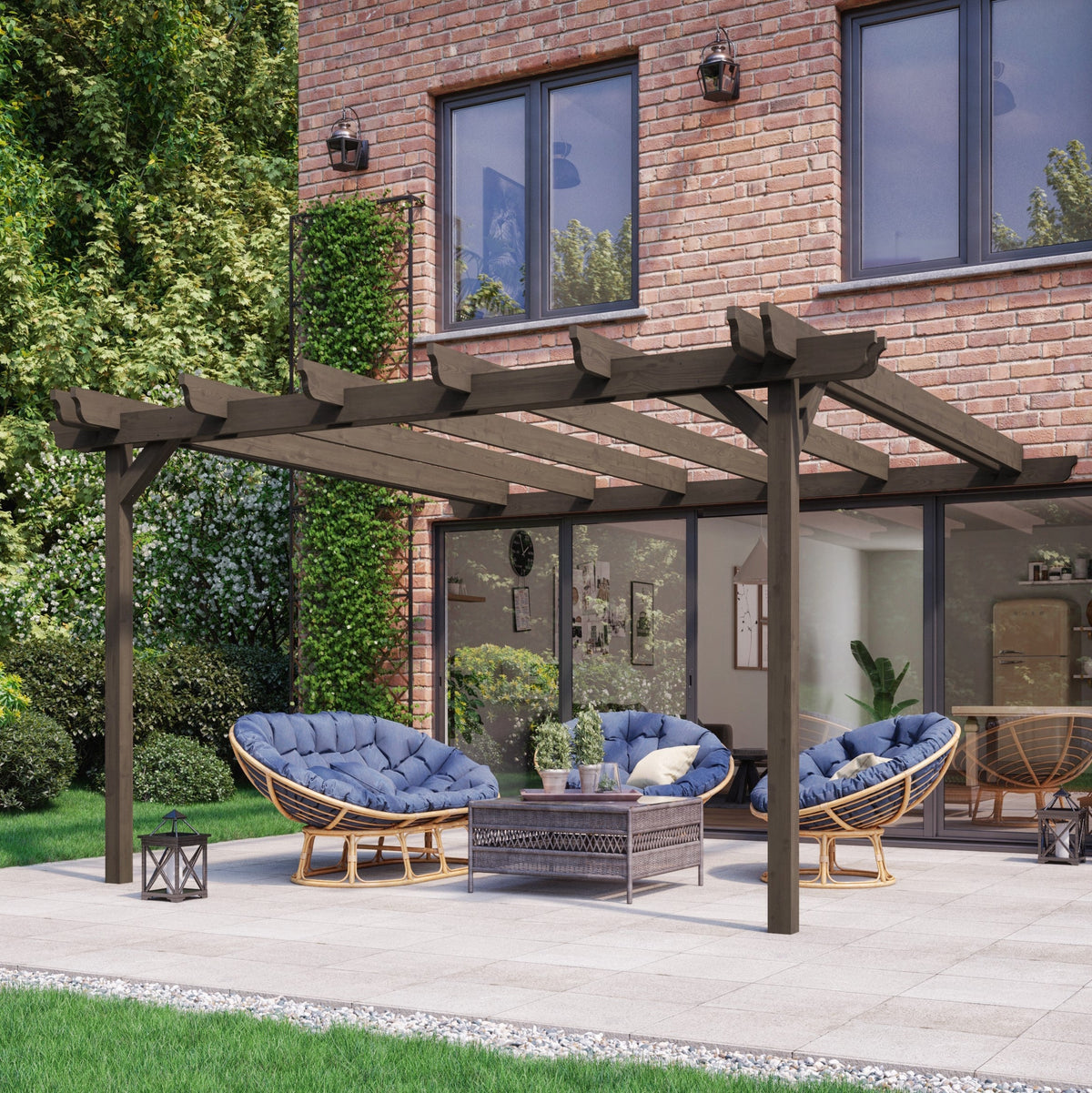 Wall Mounted Double Garden Pergola - Rustic Brown - 1.8m Depth x 3m Length