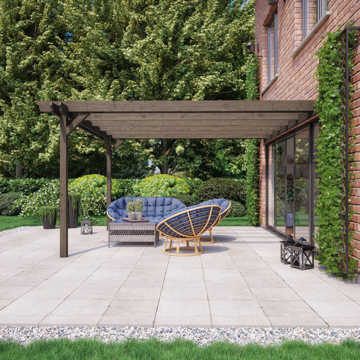 Wall Mounted Double Garden Pergola - Rustic Brown - 4.8m Depth x 7.8m Length